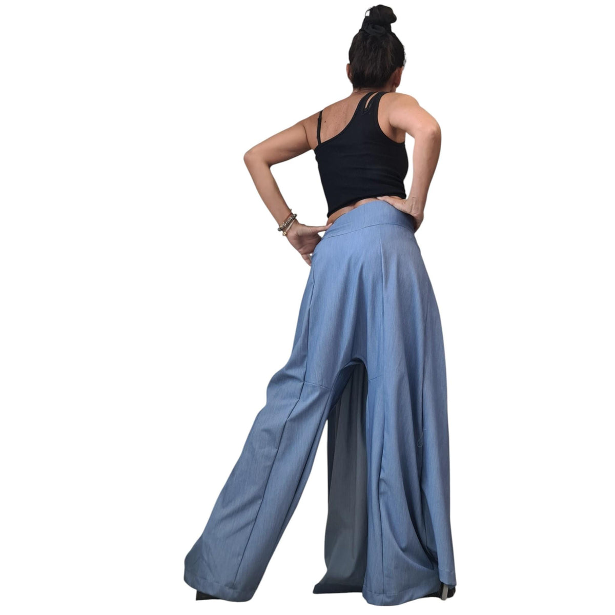 Light Blue Denim Harem Trousers, Wide Leg Pants, Pleated Front Panel, Convertible Skirt Design