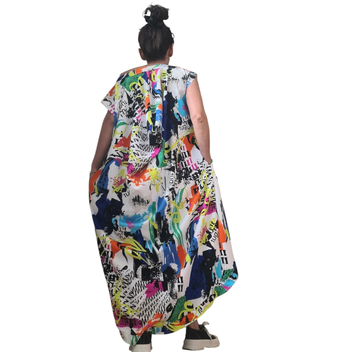 One Shoulder Graffiti Dress: Oversized Cotton with Pockets