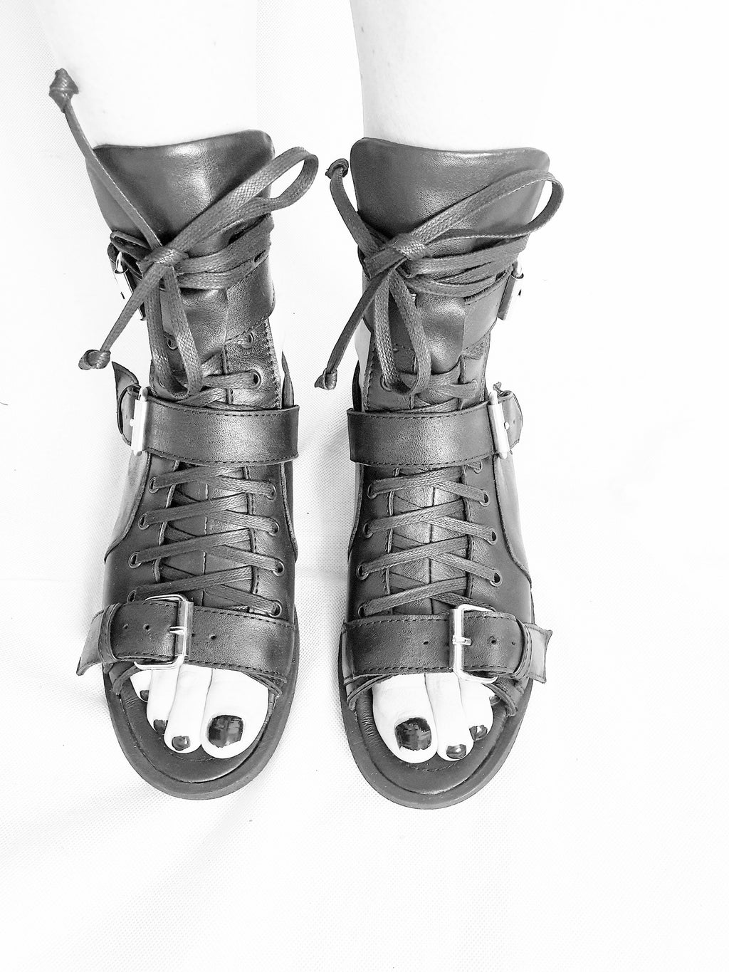 Gothic Gladiator Sandals, Black Leather Greek Style Shoes, Open Toe Summer Footwear