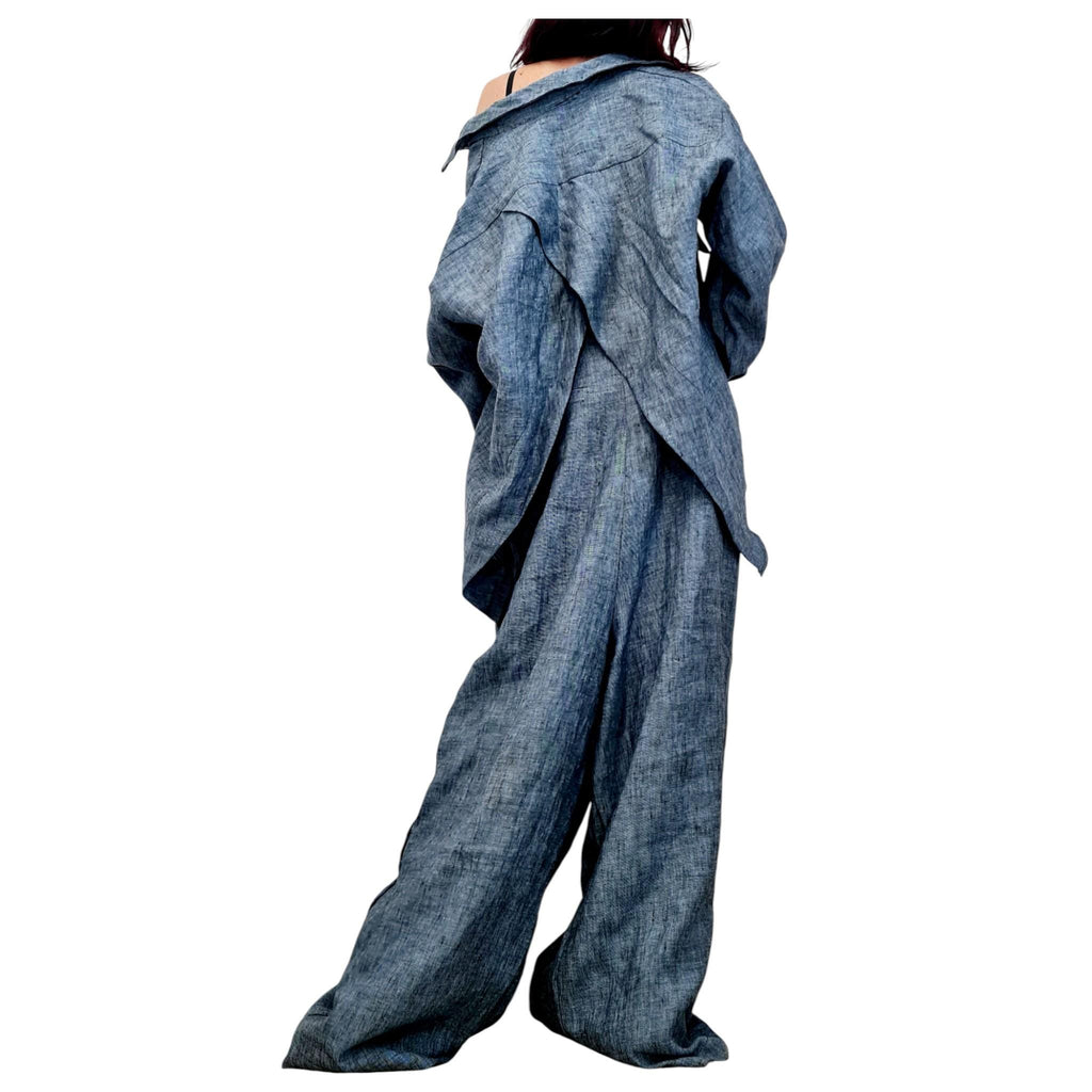 Denim Linen Shirt, Open Back Top, Asymmetric Off Shoulder Blouse, Avant Garde Style