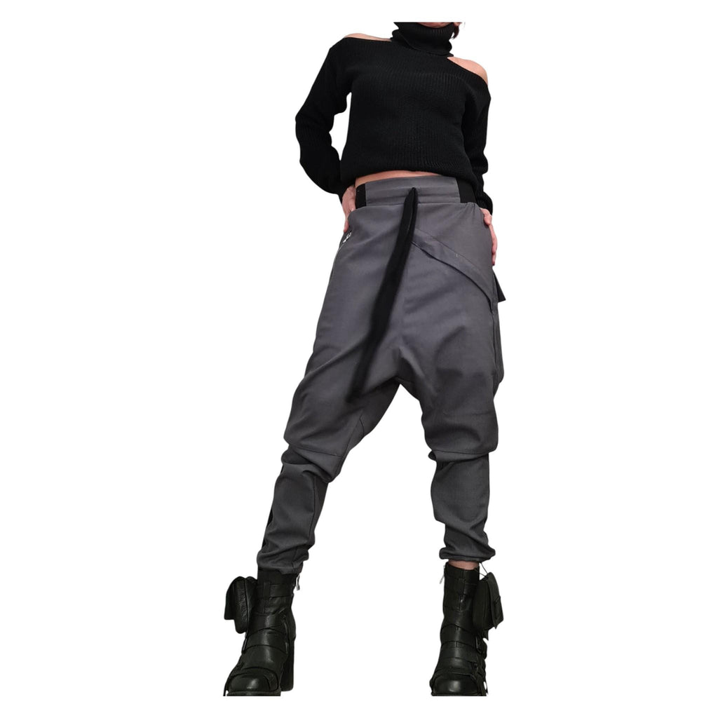 Grey Cargo Harem Pants, Utility Pockets, Tapered Leg