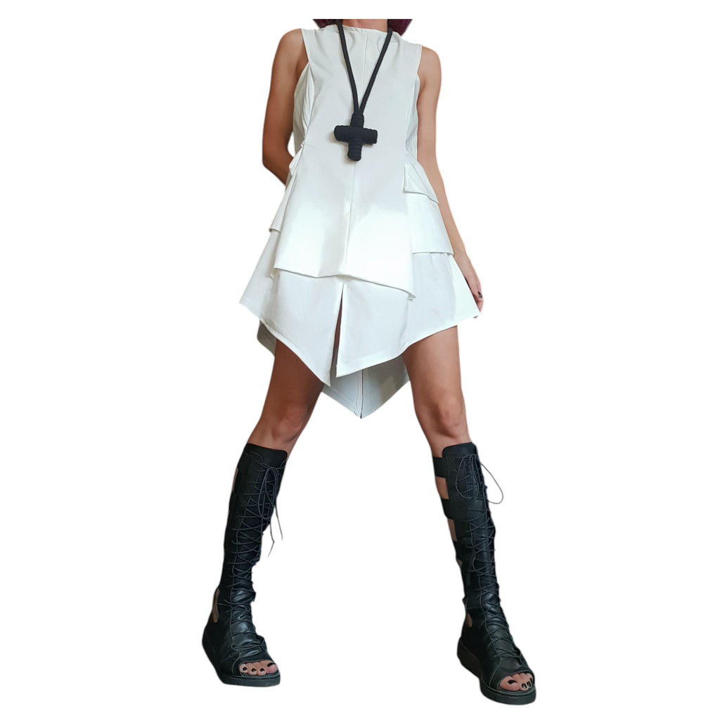 White Asymmetric Extravagant Dress, Plus Size Clothing, Sleeveless Gown
