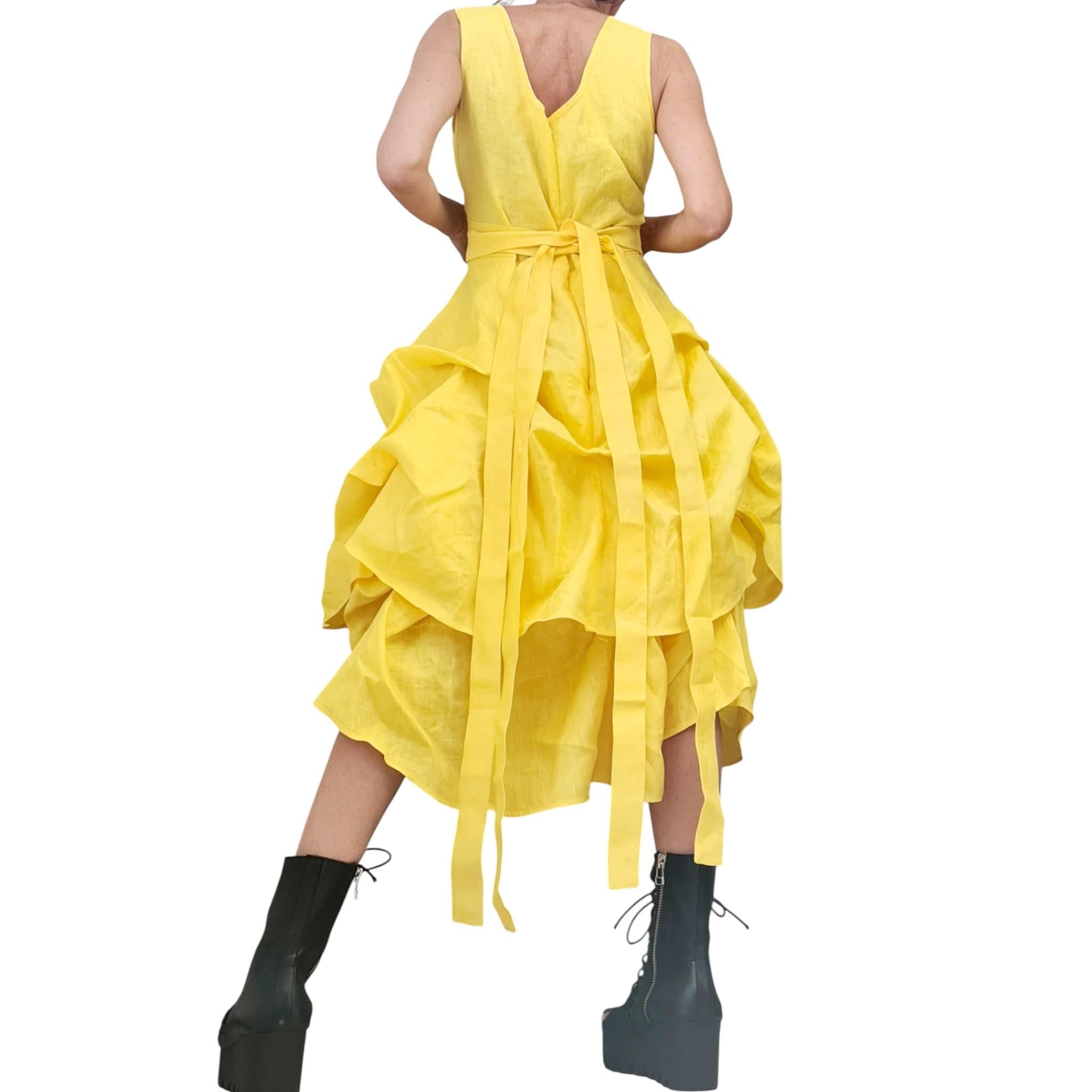 Yellow Linen Asymmetric Dress for Women, Sculptural Summer Dress, Avant garde Adjustable Volume Skirt