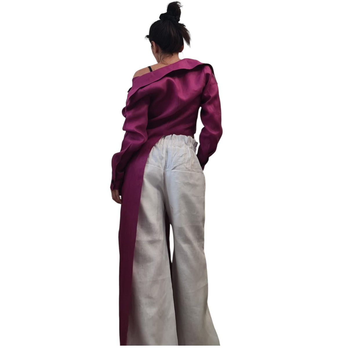 Magenta Linen Shirt, One Shoulder Asymmetrical High Low Tunic for Women
