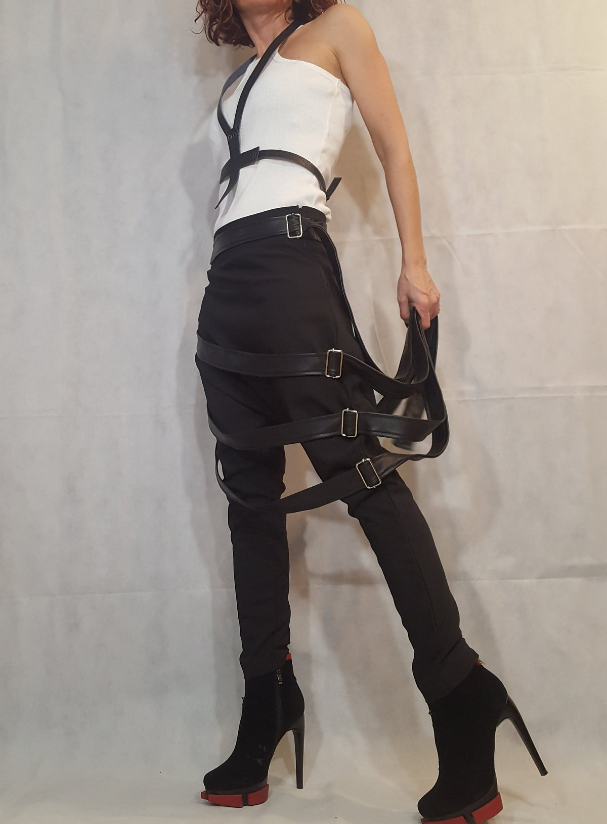Black Drop Crotch Pants, Leather Belt Straps, Buckle Details, Slim Leg