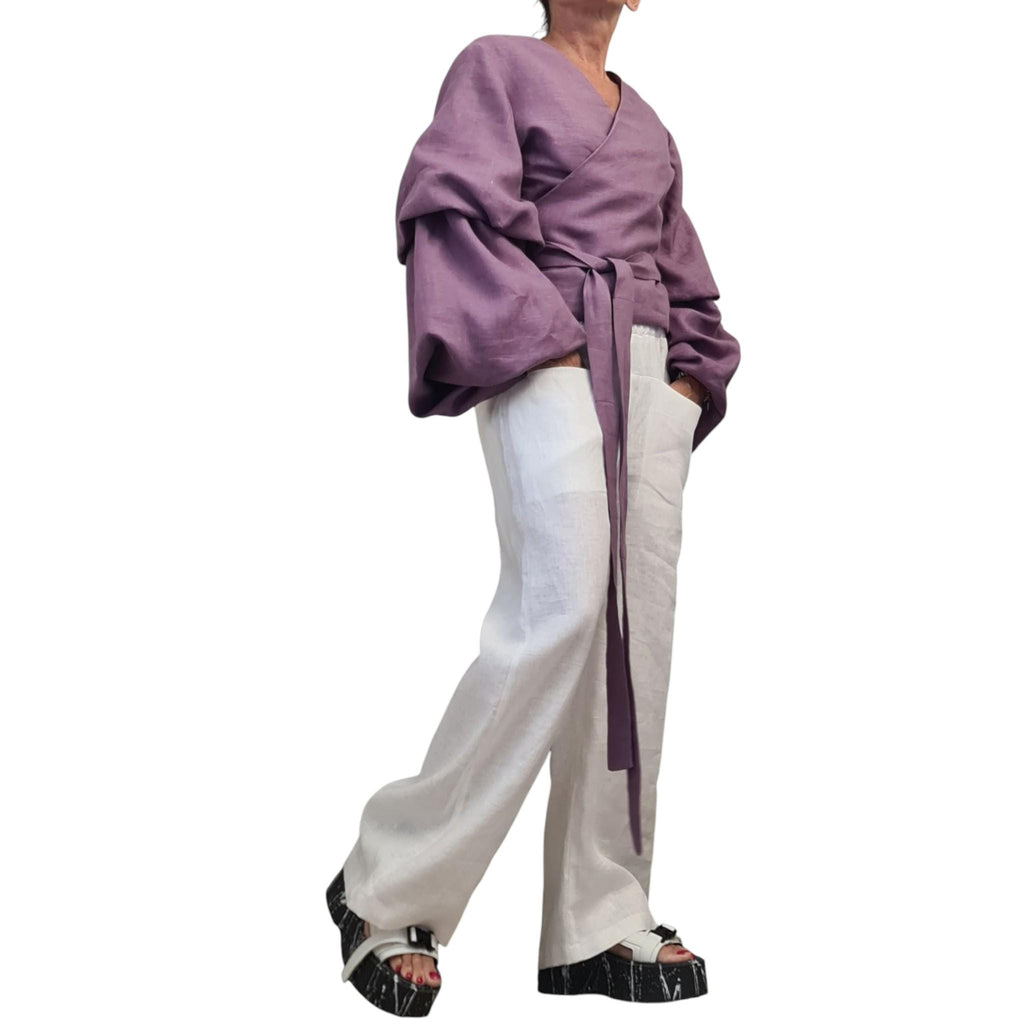 Lavender Linen Wrap Blouse, Reversible Top, Balloon Sleeves, Tie Waist, Oversized Fit, V Neck