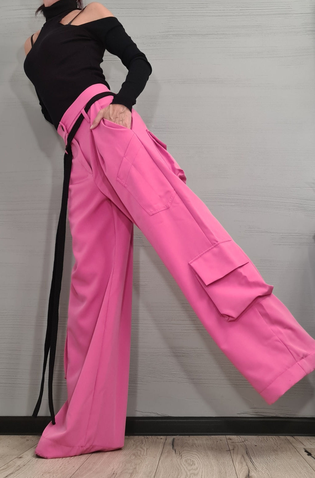 Pink Wide Leg Cargo Pants, Oversized Baggy Trousers