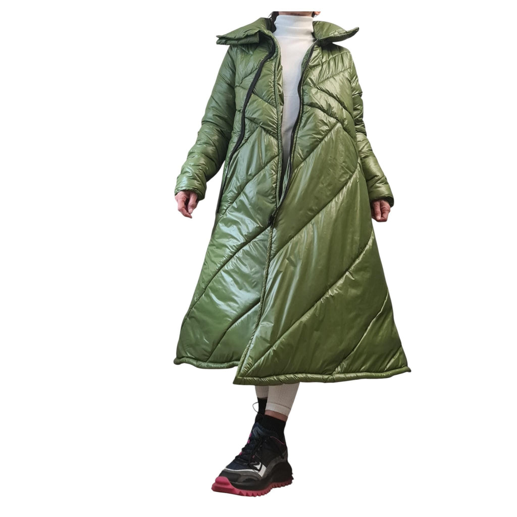 Green Maxi Puffer Coat, A-Line Quilted Jacket, Oversized High Collar Winter Outerwear