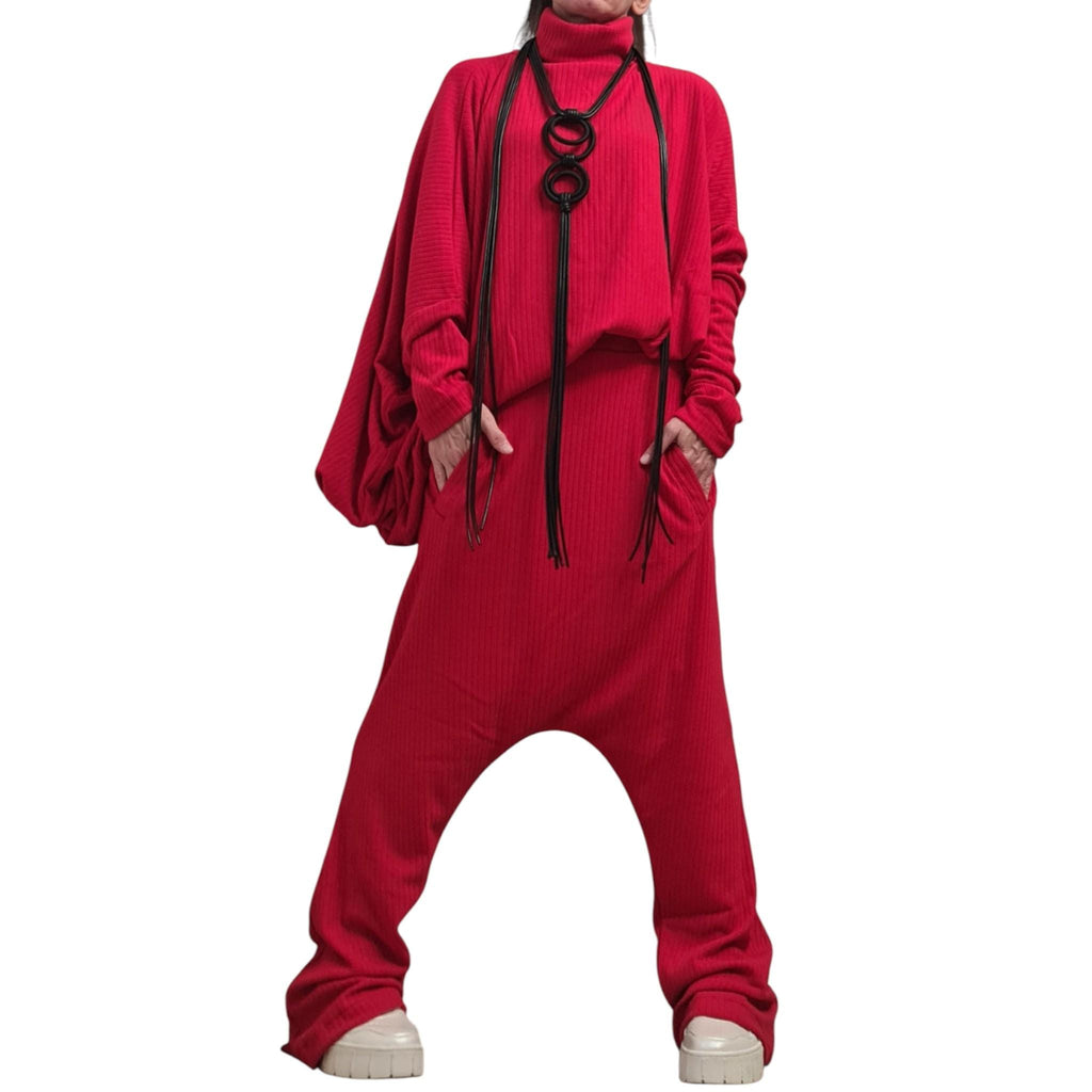 Red Knit Straight Leg Pants, Asymmetrical Batwing Turtleneck Top, Two-Piece Co-Ord Set, Plus Size