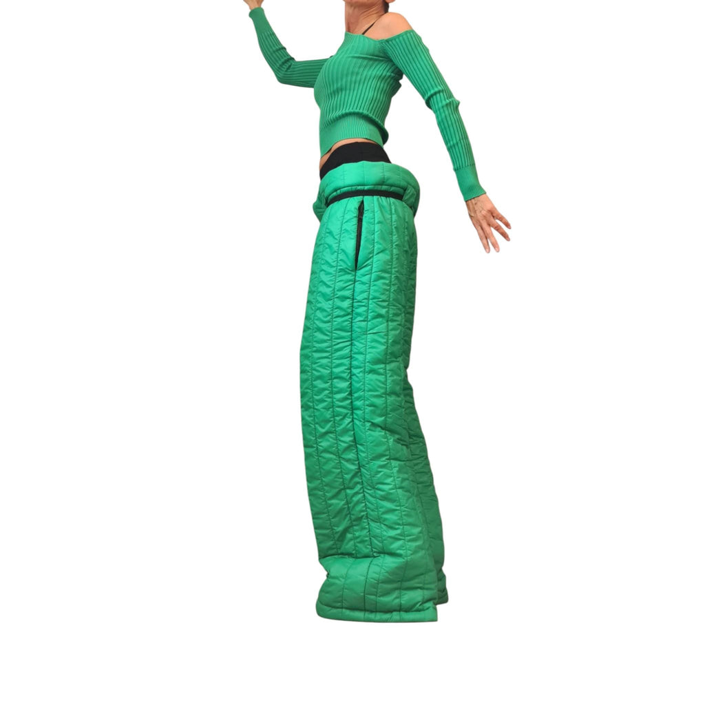 Green Quilted Pants, Wide Leg High Waist Trousers