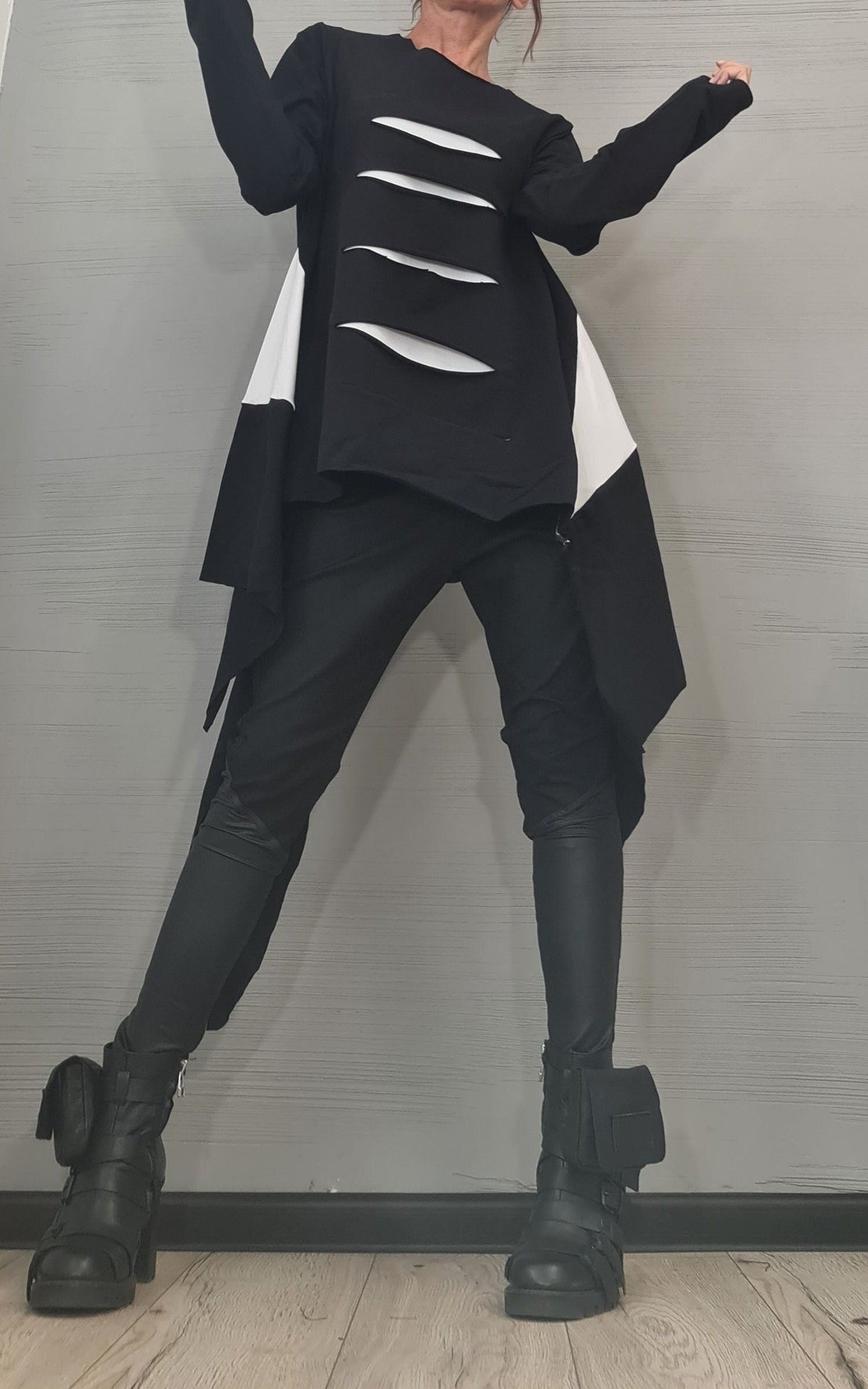 Oversize Cotton Tunic, Black and White Deconstructed Asymmetric Top