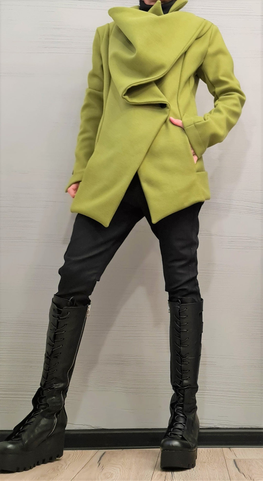 Asymmetrical Coat, Oversized Draped Lapels and Wrap Front, Winter Jacket, Button Cuffs