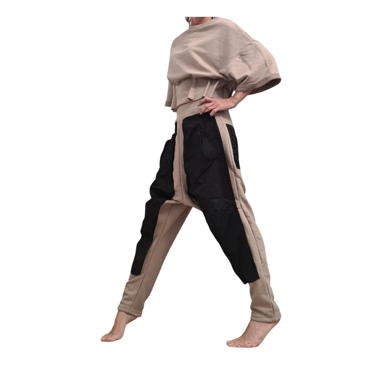 Extravagant Harem Pants, Cargo Trousers, Beige Black, Outer Pockets