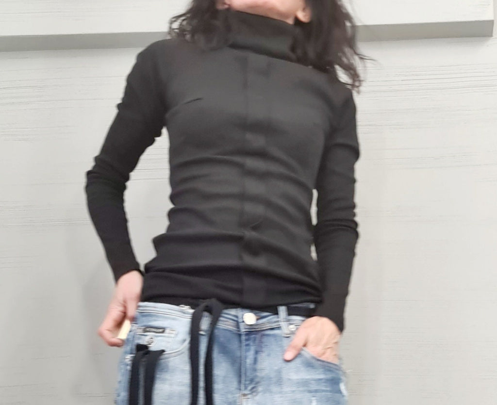 Black Cotton Fitted Turtleneck Top, Avant Garde Blouse, Extravagant Style