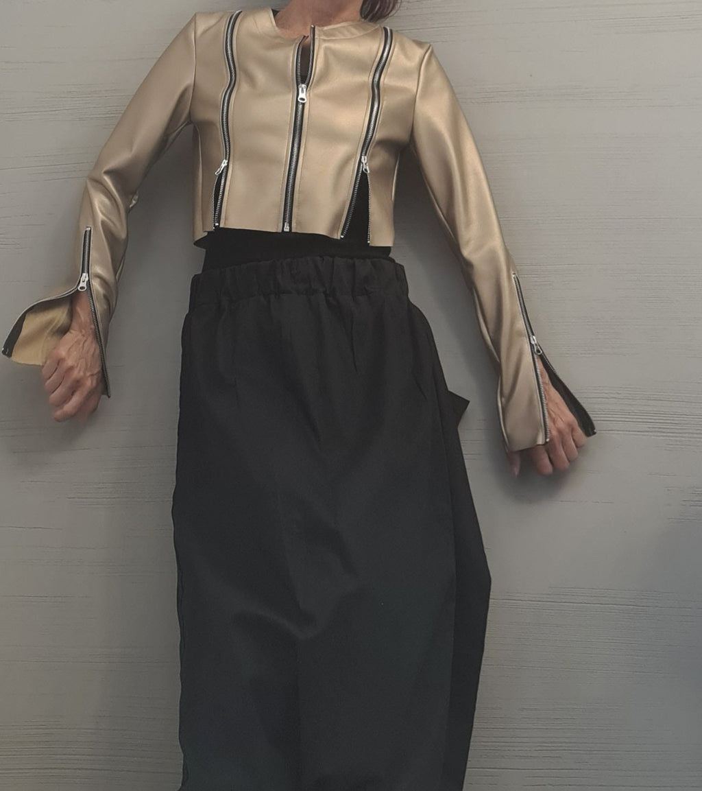 Gold Faux Leather Cropped Jacket, Fitted Long Sleeve Bolero, Multiple Zipper Design