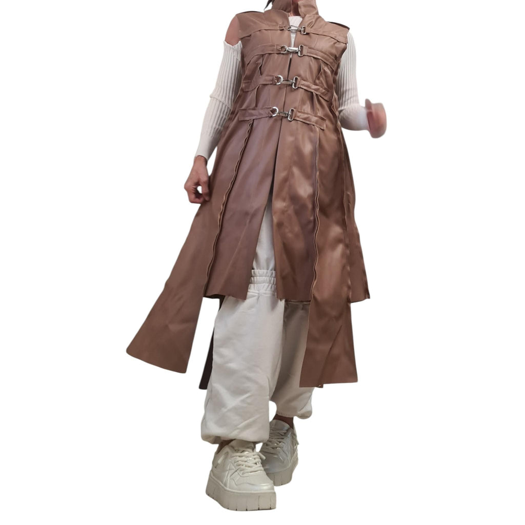 Brown Faux Leather Asymmetrical Maxi Vest, Fitted Sleeveless Coat, Multiple Metal Buckle Closures