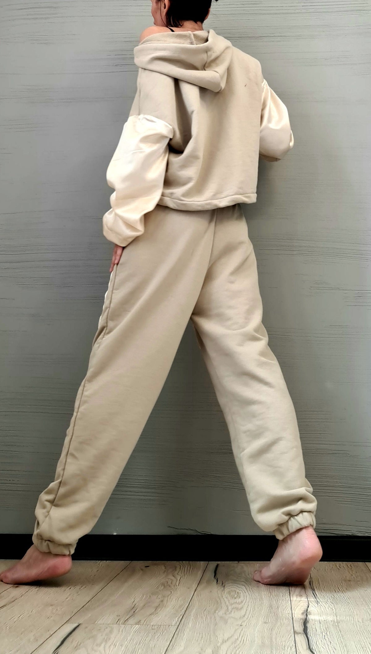 Beige Cotton Jogger Pants, Satin Patch Pockets, Oversized Off Shoulder Hoodie, Two-Piece Co-Ord Set