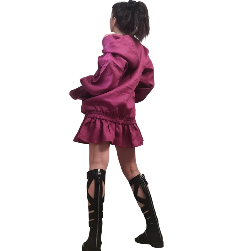 Linen Hooded Dress, Boho Summer Sundress Magenta, Midi Dress with Pockets, V-neck