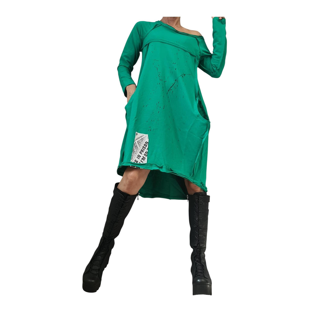 Green French Terry One Shoulder Tunic, Asymmetric Oversized Sweatshirt Dress, Long Sleeve