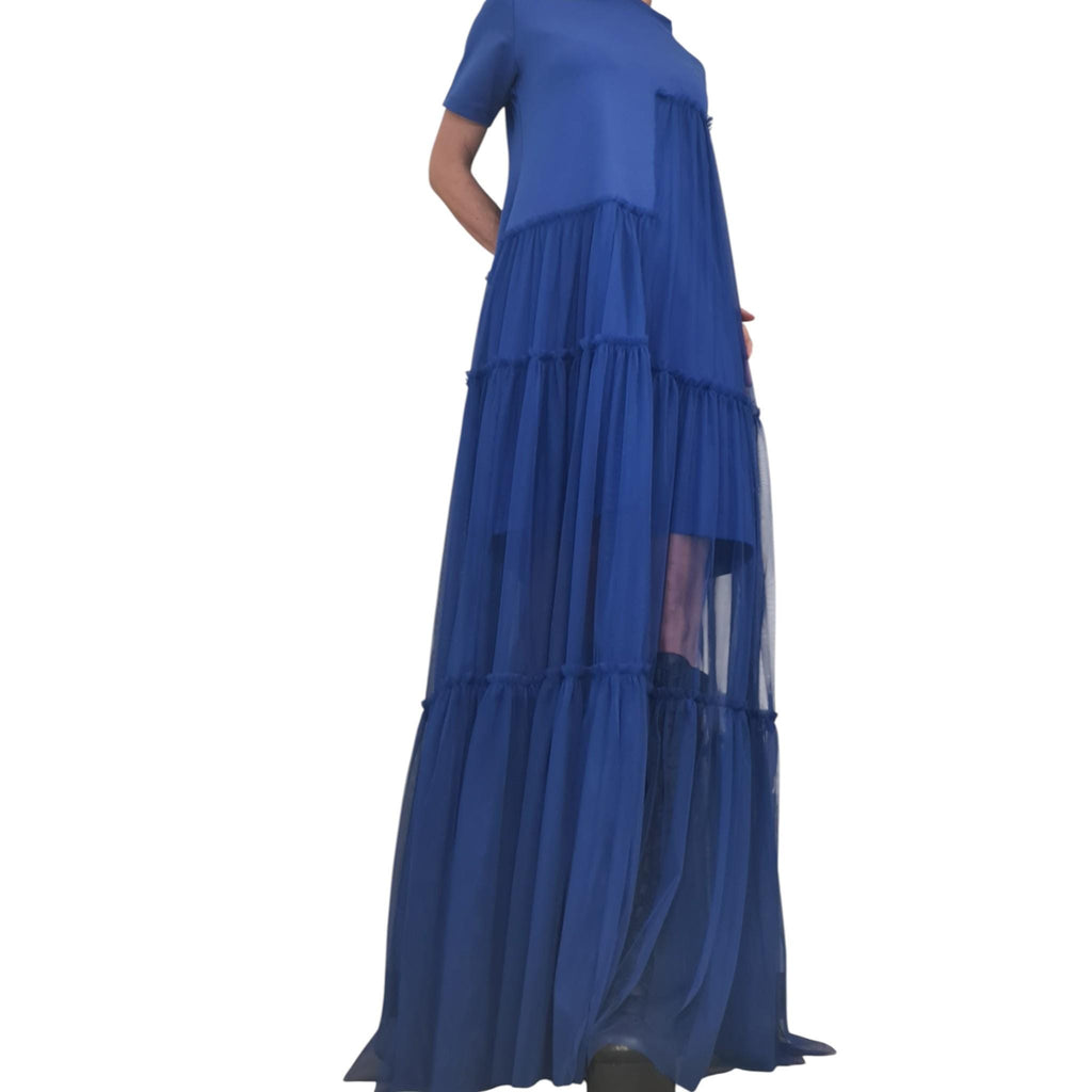 Royal Blue Tulle Dress, Asymmetrical High Low Maxi, Oversized Loose Fit for Women