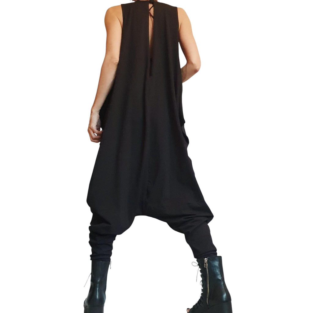 Black Cotton Harem Jumpsuit, Drop Crotch Oversize Jumpsuit, Plus Size, Urban Gothic, Women Overall