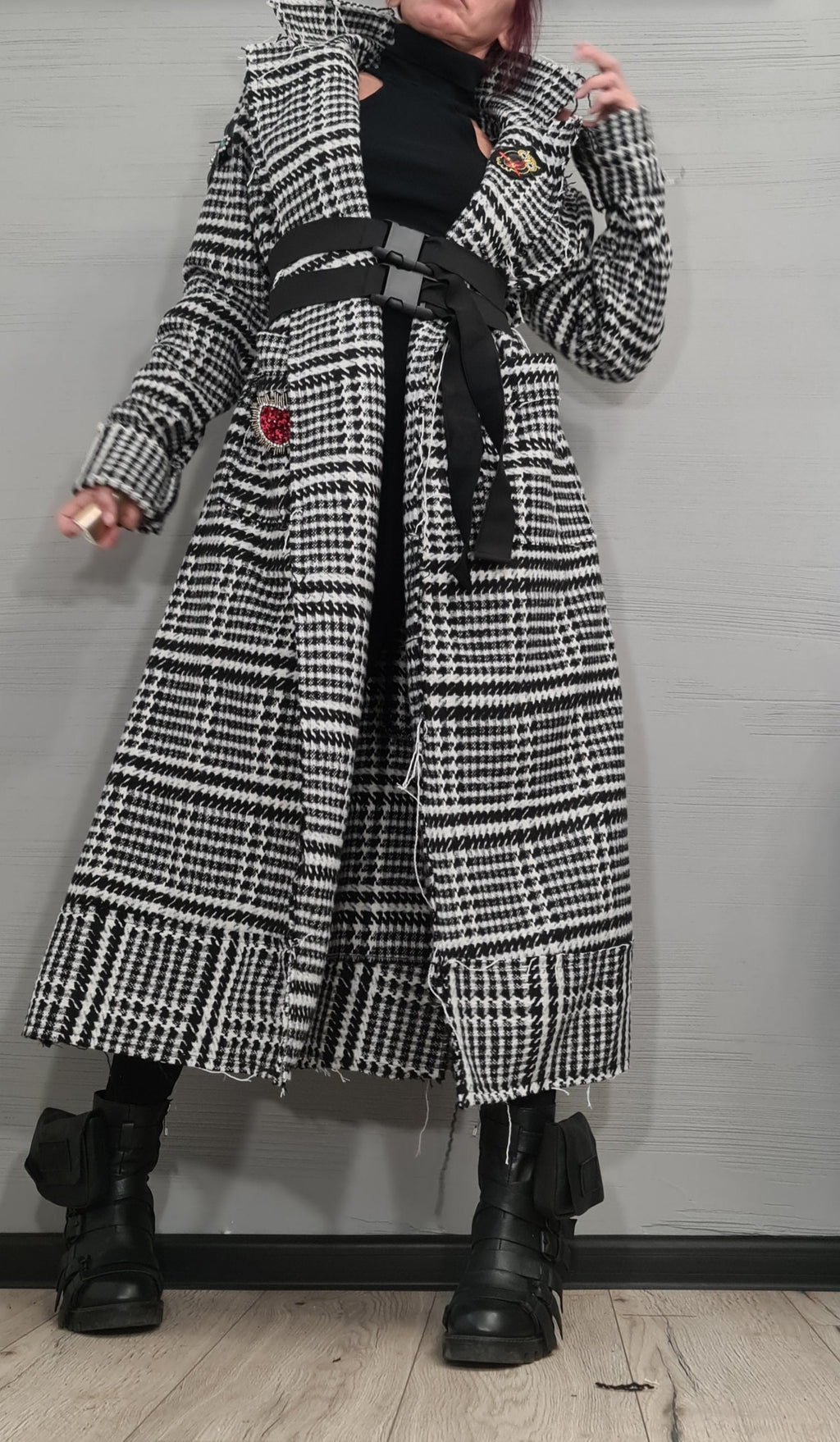Black and White Plaid Coat, Long Belted Oversized Winter Jacket, Plus Size Cardigan