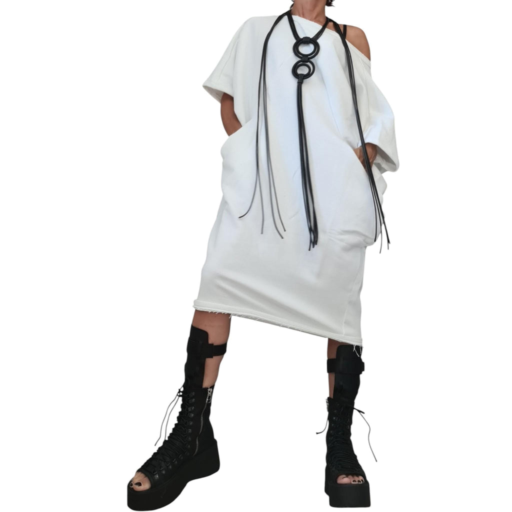 White Cotton Tunic Dress Knee Length | Asymmetric Blouson Cut | fashion for women | architectural