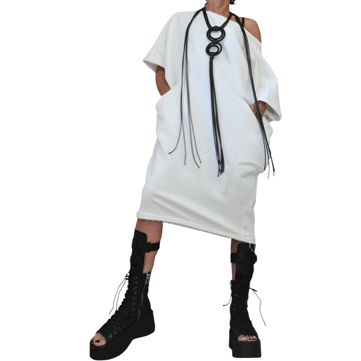 White Cotton Tunic Dress Knee Length | Asymmetric Blouson Cut | fashion for women | architectural