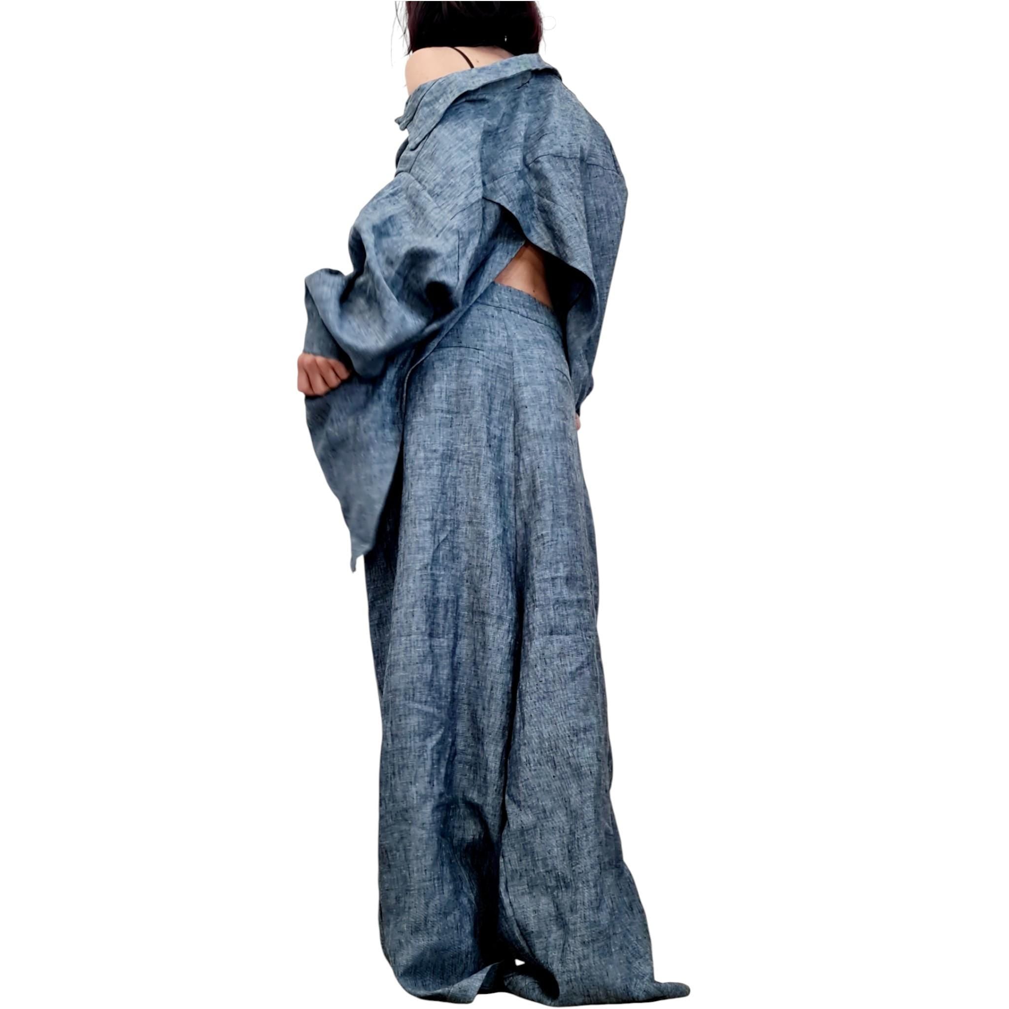 Denim Linen Shirt, Open Back Top, Asymmetric Off Shoulder Blouse, Avant Garde Style