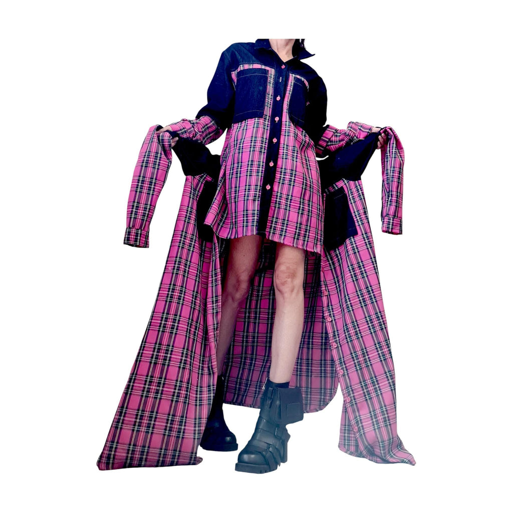 Pink Plaid Deconstructed Shirt Dress for Women, Asymmetric Layered Tunic, Avant Garde Oversize Shirt