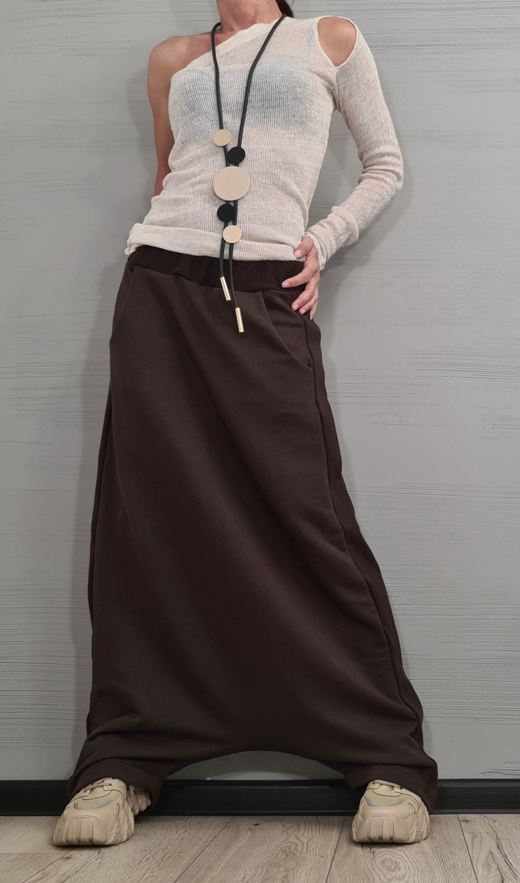 Brown Harem Skirt Pants, French Terry, Wide Leg Trousers