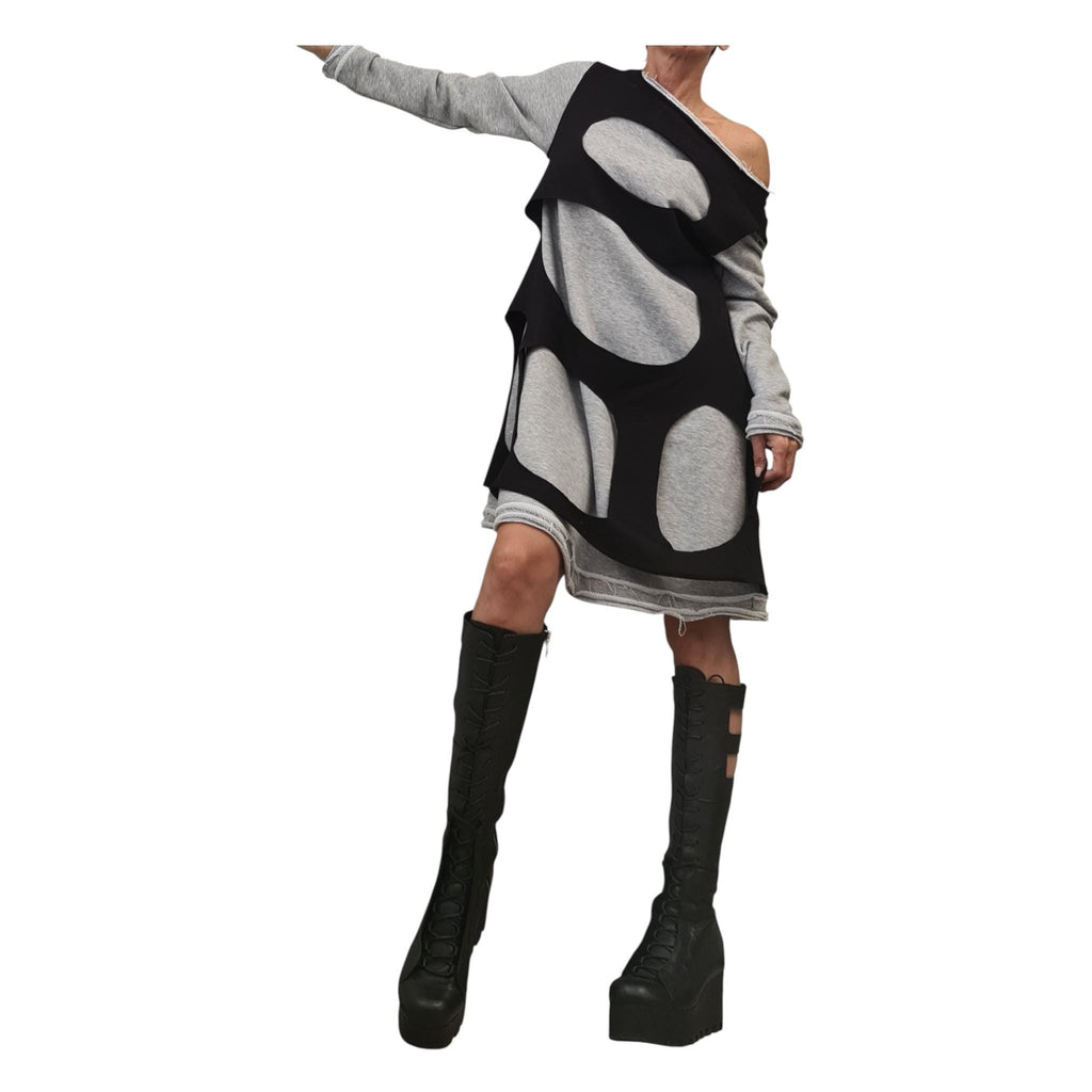 Two-Part Asymmetric Cotton Dress, Loose Fit, Long Sleeve, Extravagant Style