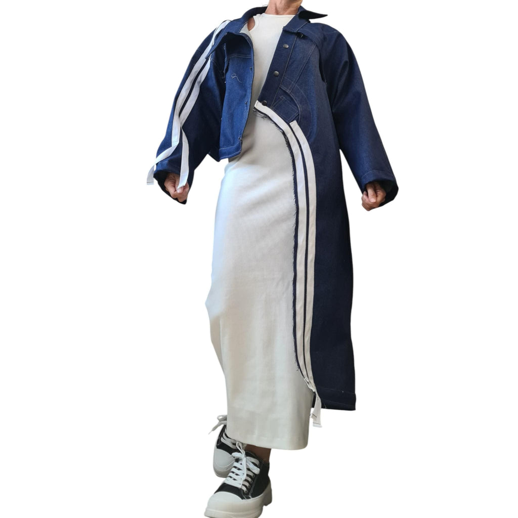 Asymmetrical Denim Jacket, Deconstructed Oversized Coat, Handmade Plus Size Outerwear for Women