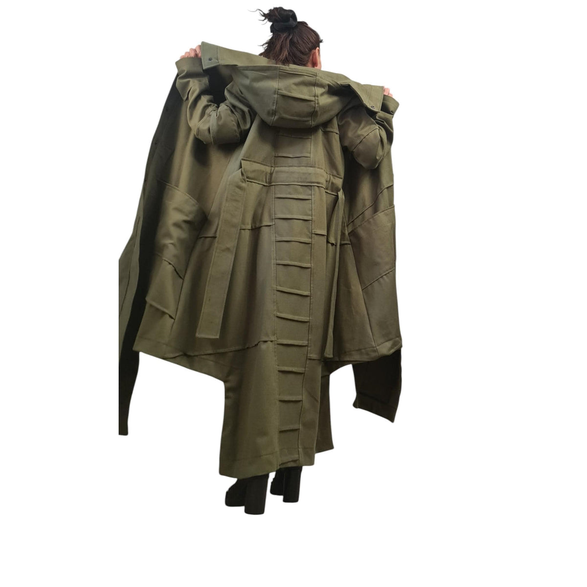 Military Green Denim Hooded Trench Coat, Asymmetrical Avant Garde Overcoat, Denim Outfit for Women