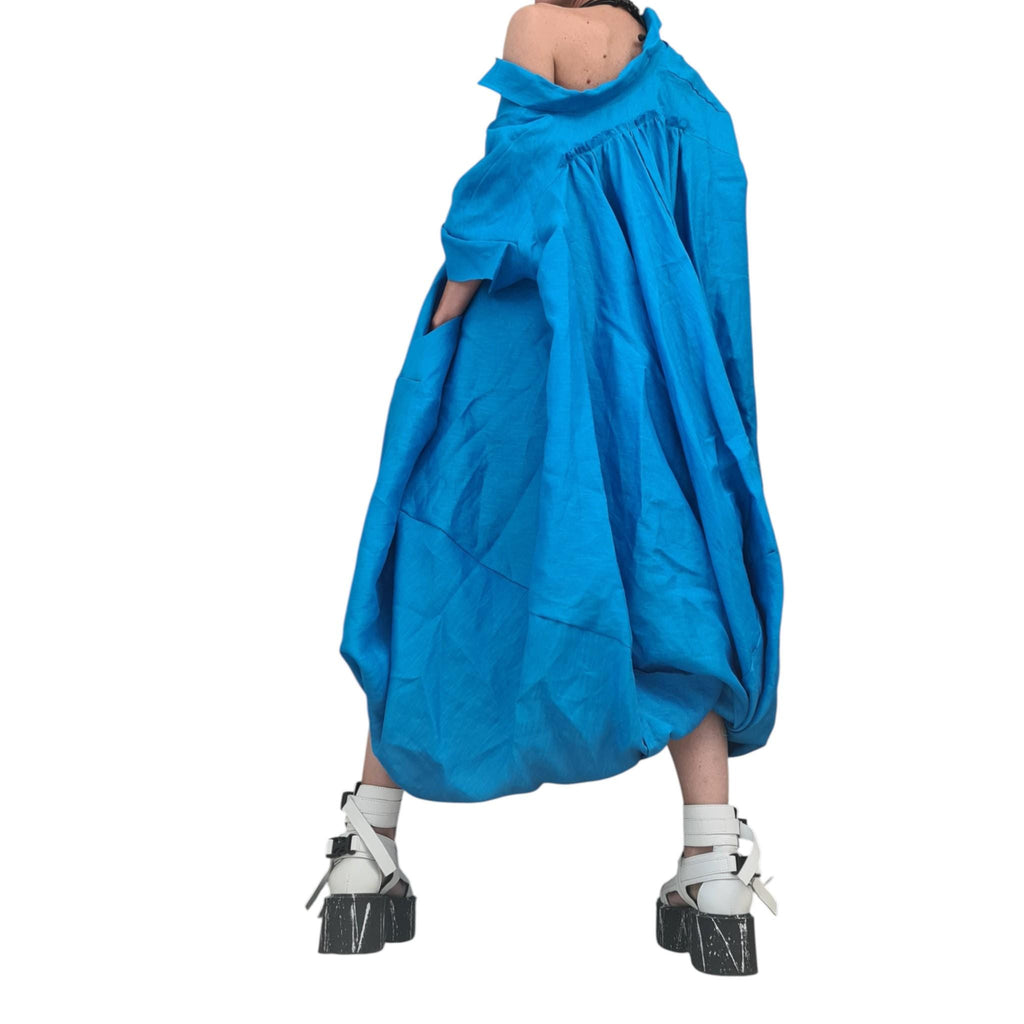 Turquoise Blue Oversized Linen Shirt Dress - Loose Fit