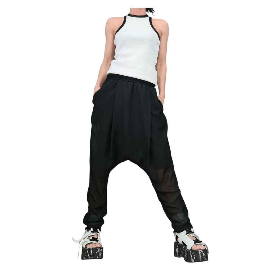 Black Chiffon Harem Pants, Sheer Overlay, French Terry Inner Shorts, Tapered Leg