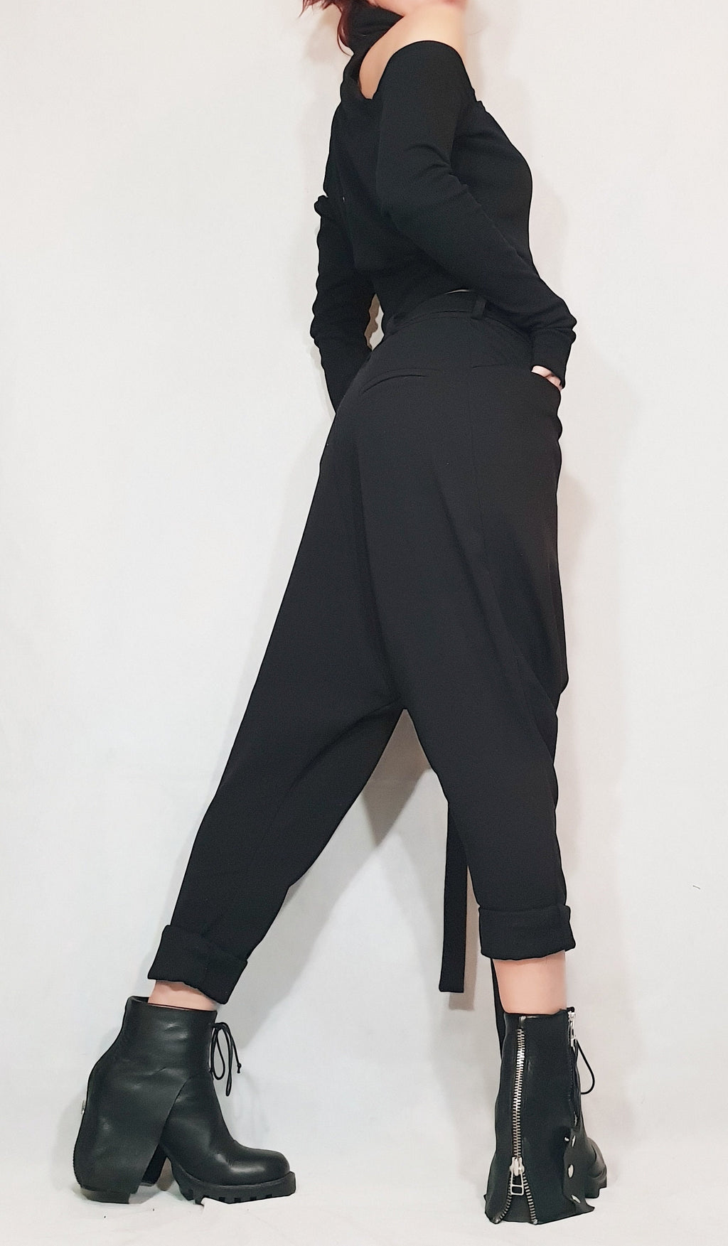 Black Avant Garde Drop Crotch Pants, Skirt Overlay Harem Trousers