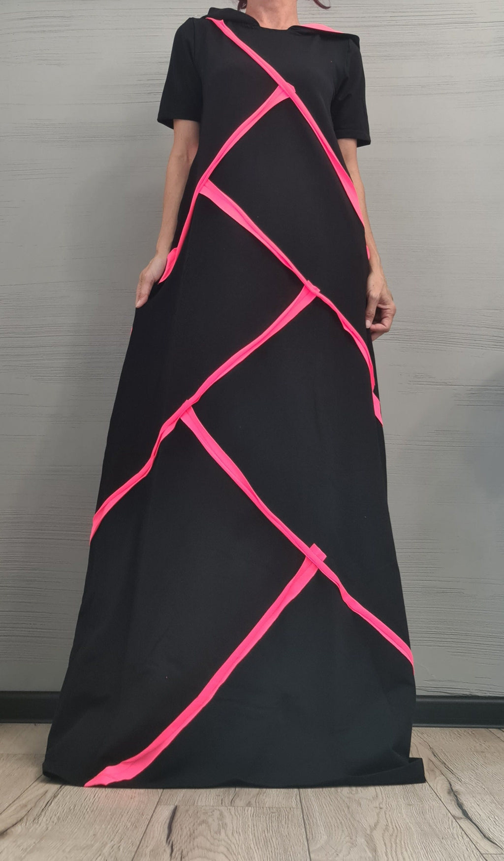 Black Hooded Cotton Maxi Dress with Neon Stripes, Loose Fit, Short sleeve, Plus Size