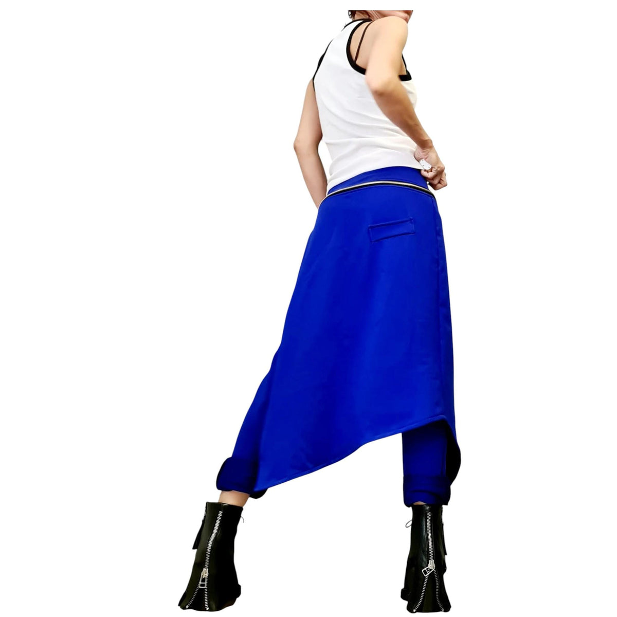 Military Green Asymmetric Pants, French Terry Trousers, Wrap Skirt Overlay