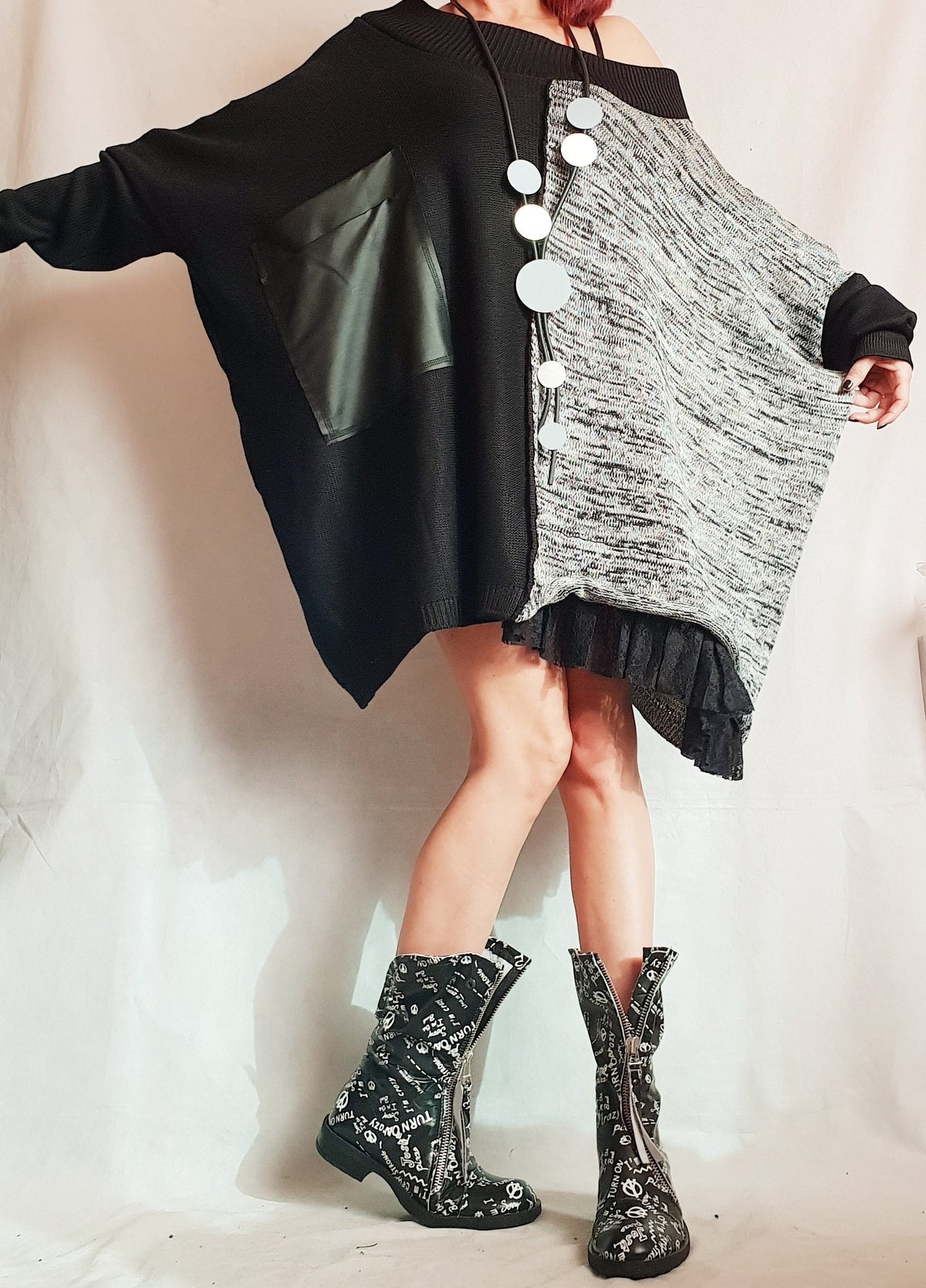 Patchwork Asymmetrical Knitted Tunic, Oversized Long Sleeve Sweater, Plus Size Top
