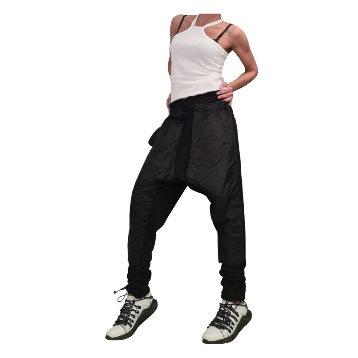 Black French Terry Baggy Harem Pants, Drop Crotch Cargo Trousers