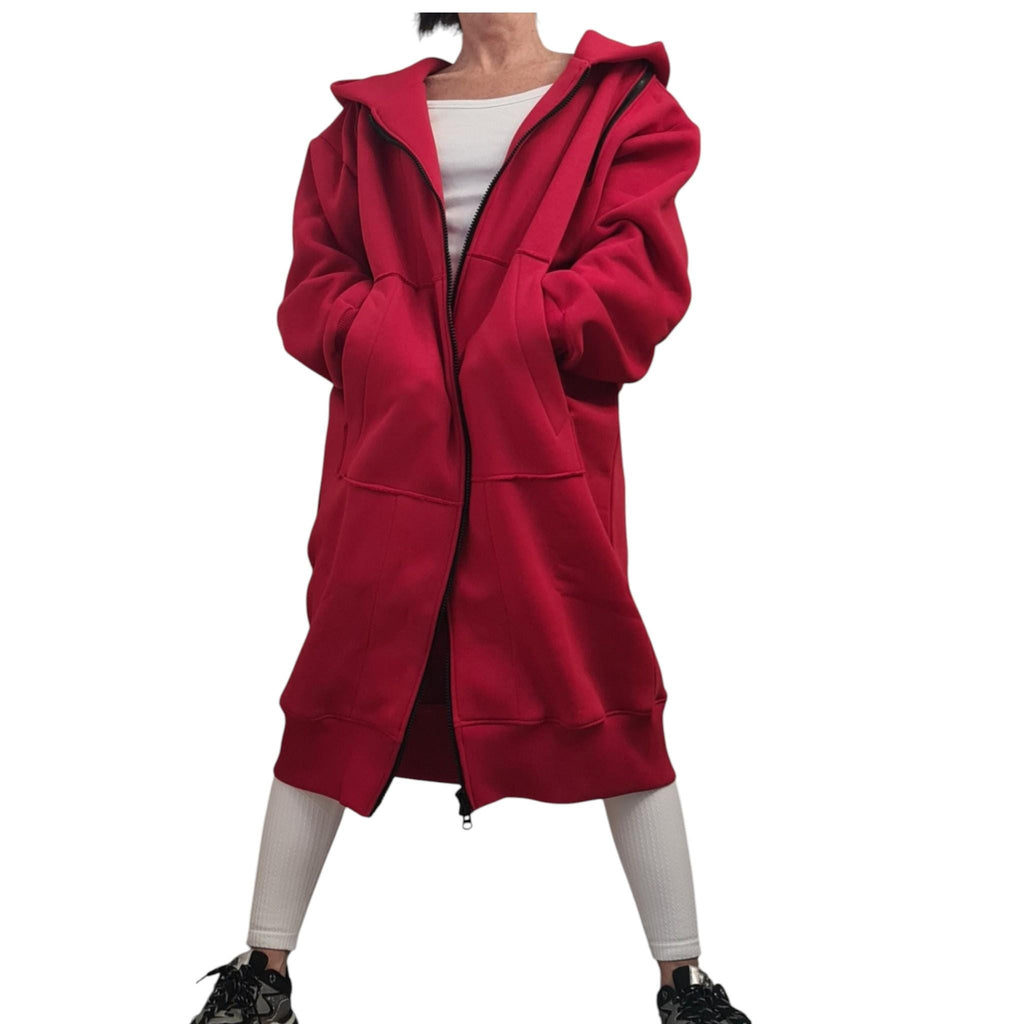 Red Convertible Cotton Maxi Hoodie Dress, Detachable Puff Sleeves, Full Zip Front, Plus Size