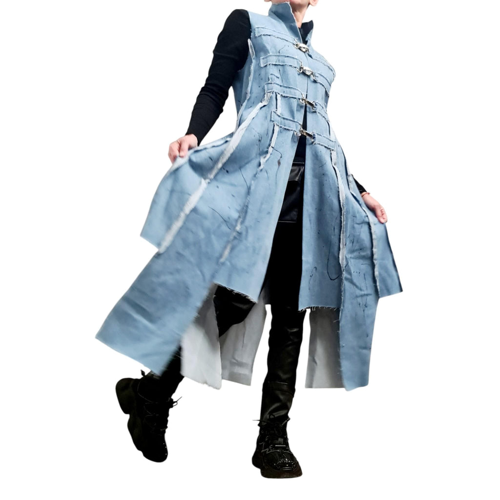 Asymmetric Denim Long Vest Hand Painted Deconstructed Jean Jacket Streetwear Handmade Clothing for Women