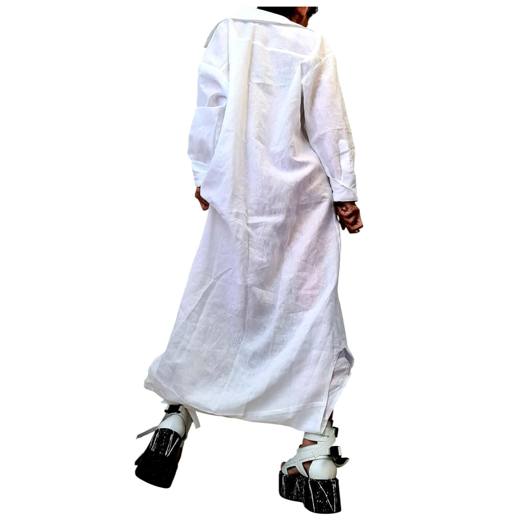 White Linen Deconstructed Shirt Dress, Convertible Tunic, Handmade Asymmetric Top, Women’s Clothing