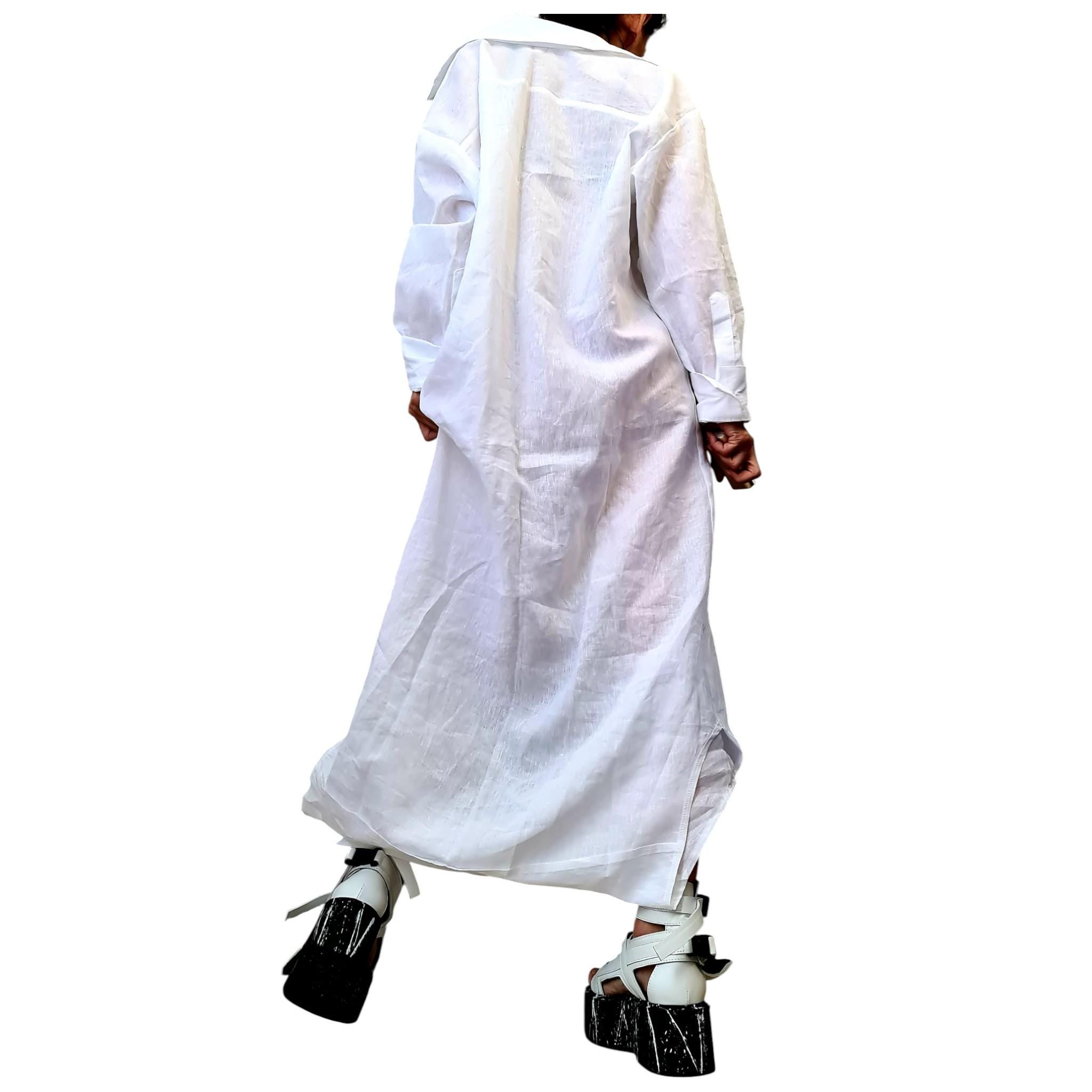 White Linen Deconstructed Shirt Dress, Convertible Tunic, Handmade Asymmetric Top, Women’s Clothing