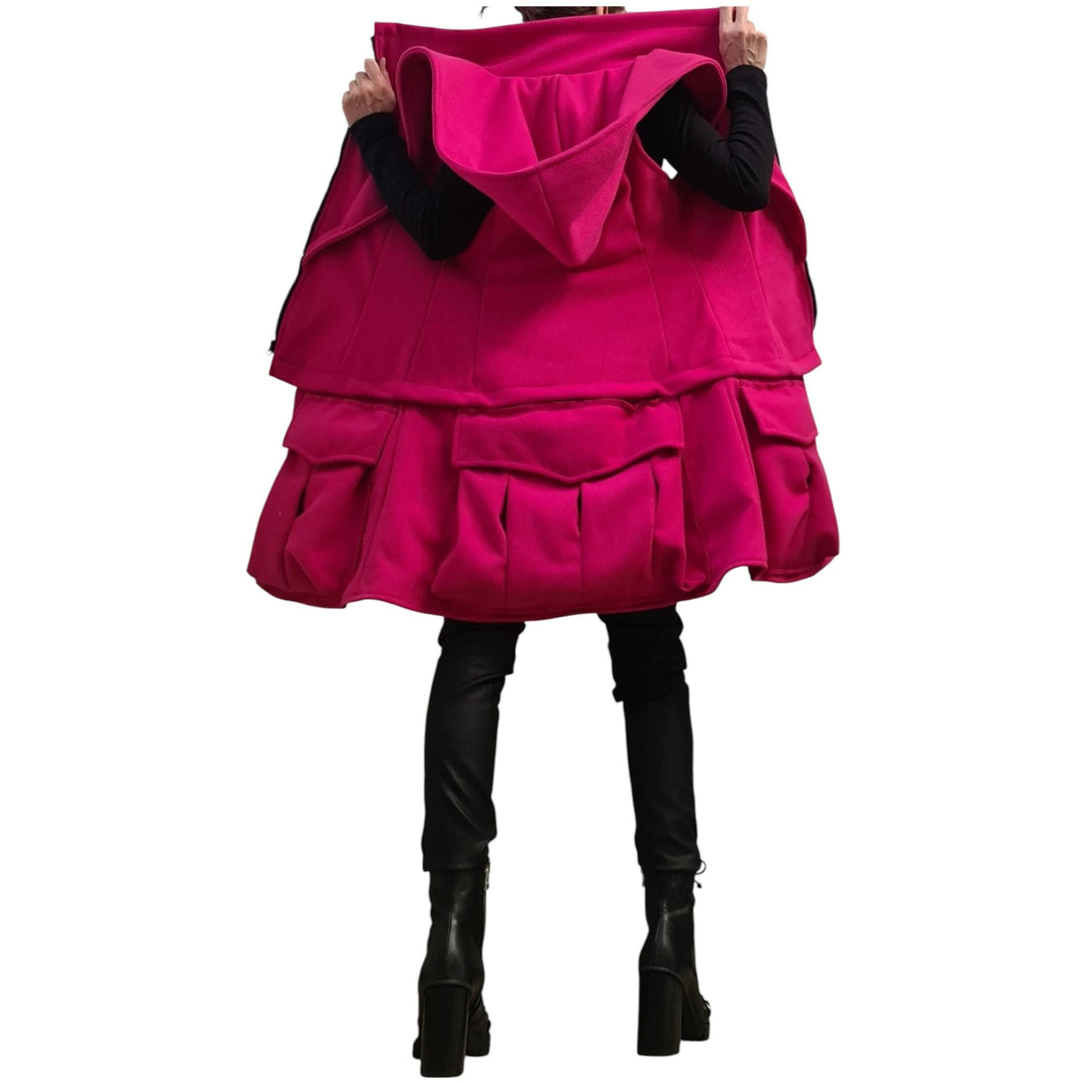 Hot Pink Convertible Hooded Vest, Detachable Cargo Pocket Panel, Long or Cropped, Plus Size