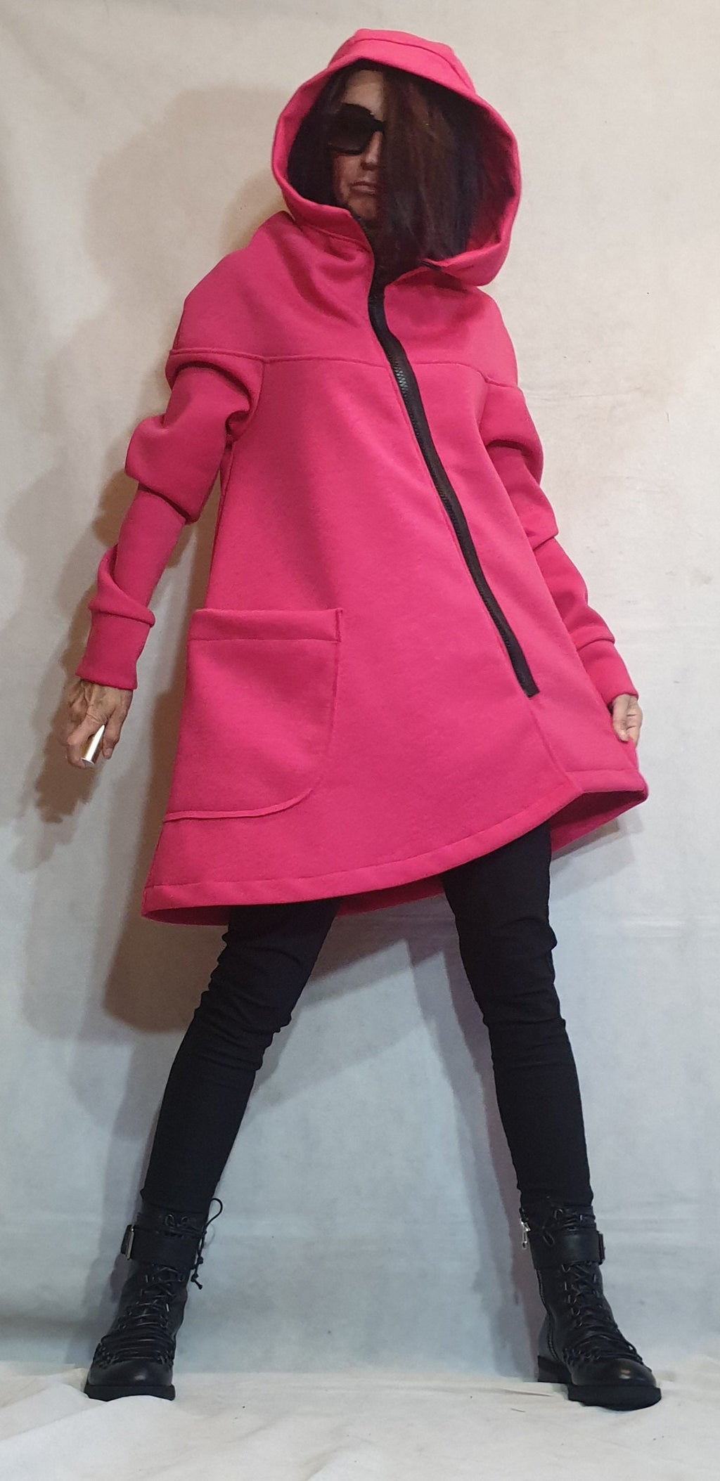 Hot Pink Asymmetric Cotton Hoodie, Diagonal Zip, Oversized Hood and Patch Pocket, Plus Size