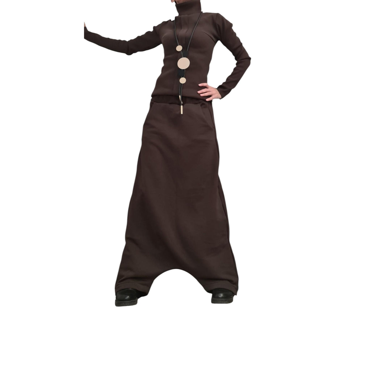 Brown Cotton Floor-Length Harem Pants, Extreme Drop Crotch, Fitted Turtleneck Long-Sleeve Top, Co-Ord Set
