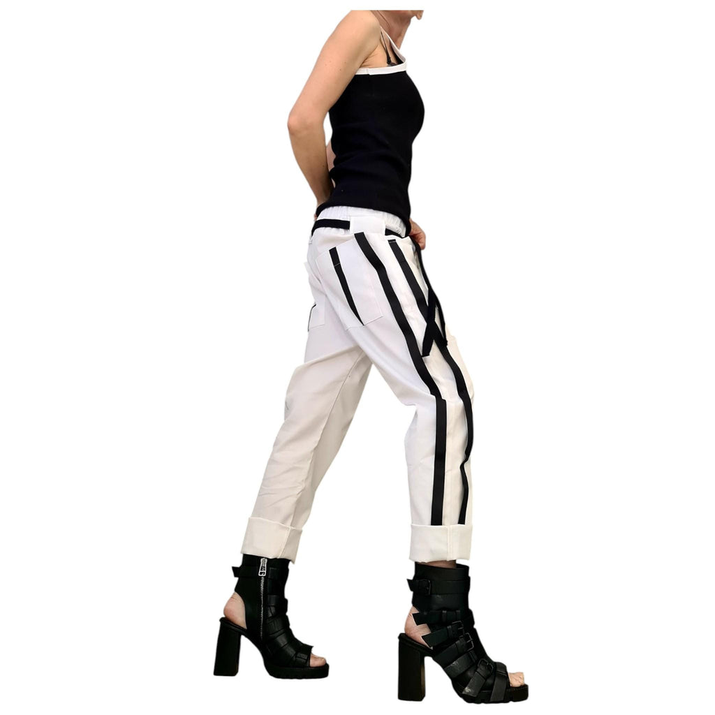 White Cotton Tapered Pants, Double Side Stripes, Drop Crotch