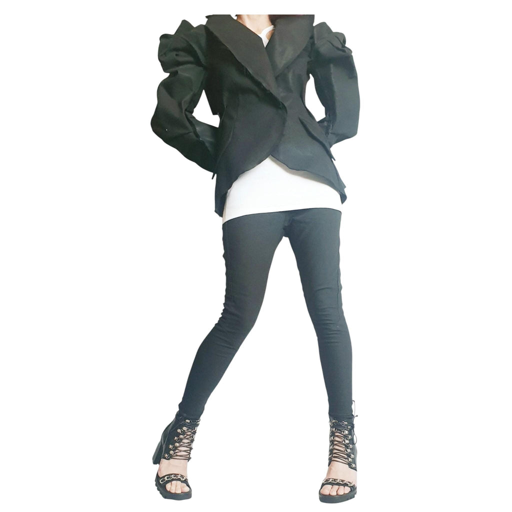 Asymmetric Black Denim Avant Garde Blazer Jacket for Women, Futuristic Deconstructed Fitted Style